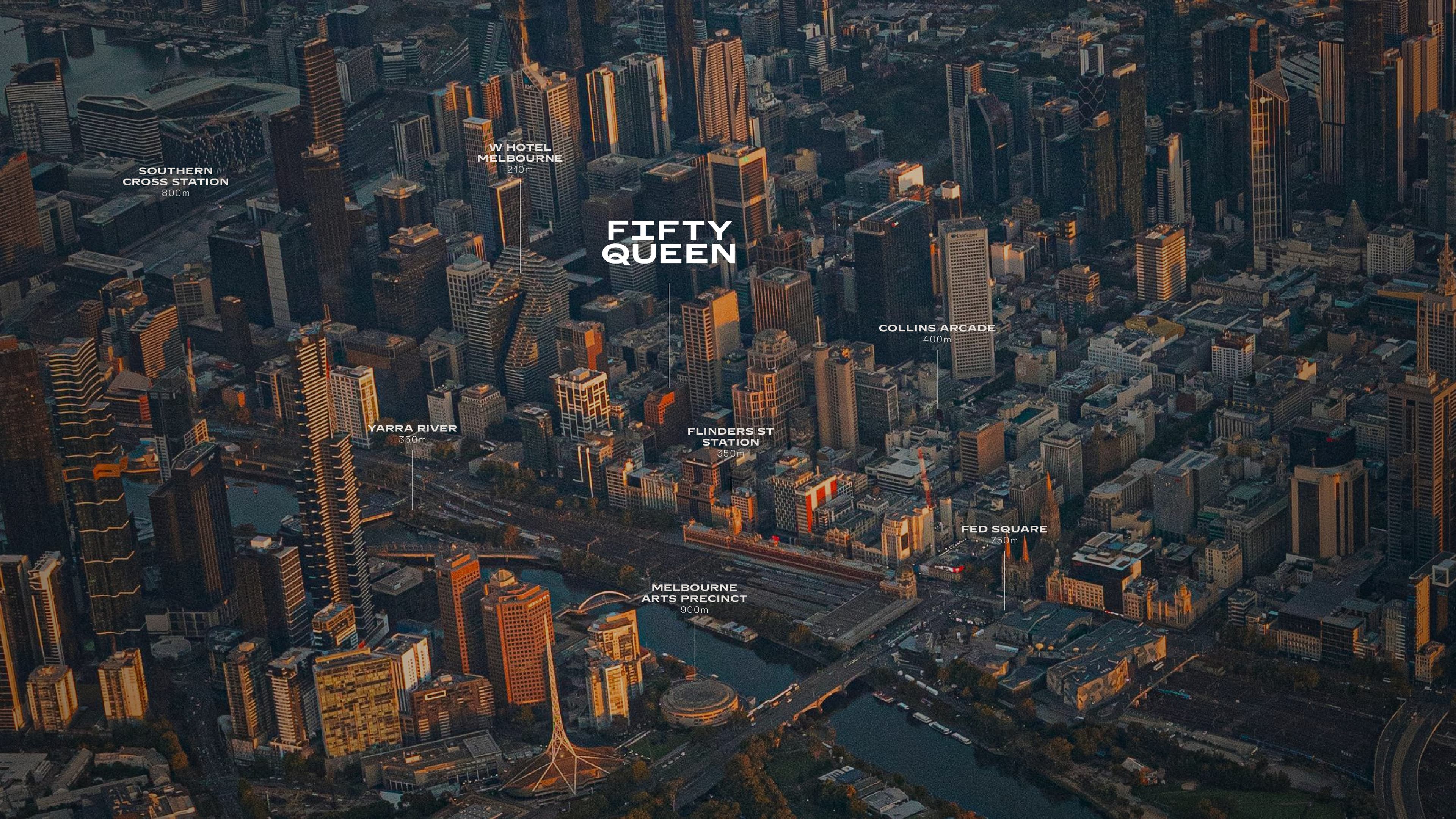 Aerial view of Melbourne CBD with Fifty Queen marked at the true centre of the city